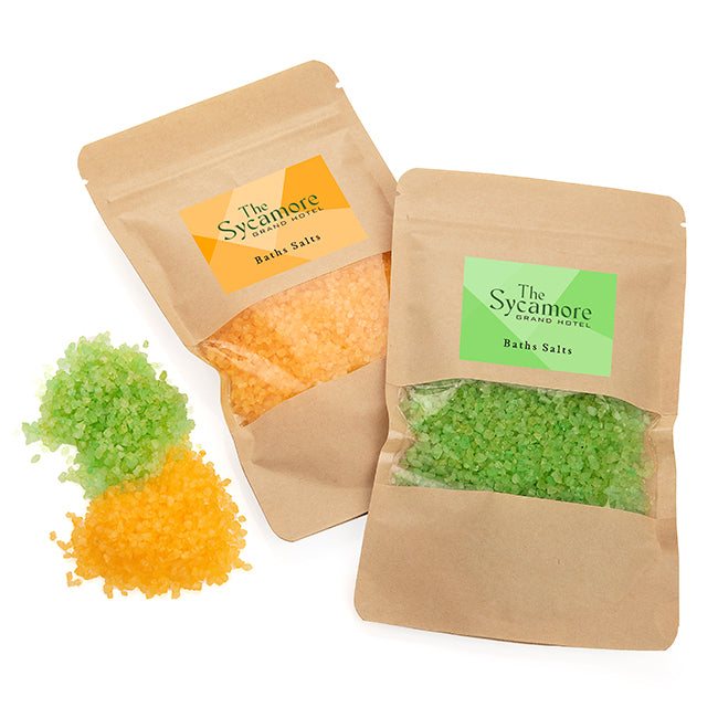 Fragranced Bath Salts in a Pouch (175g) branded wellbeing gift in blue, green, orange, pink, purple, yellow printed with