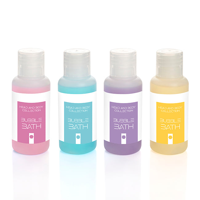 Bubble Bath in a PCR Bottle (50ml) branded wellbeing gift in blue, orange, pink, purple printed with your company logo