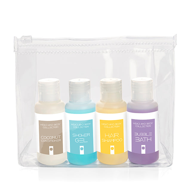 Weekend Travel Toiletry Set in a Bag branded personal care item in blue, orange, purple, white printed with your company logo
