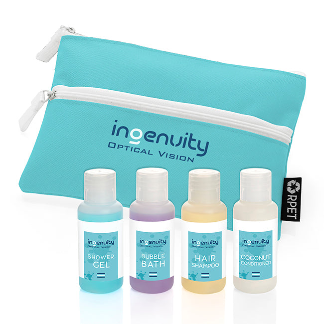 Weekend Travel Set in a Printed Zippered Bag branded travel essential in blue, orange, purple, white printed with your