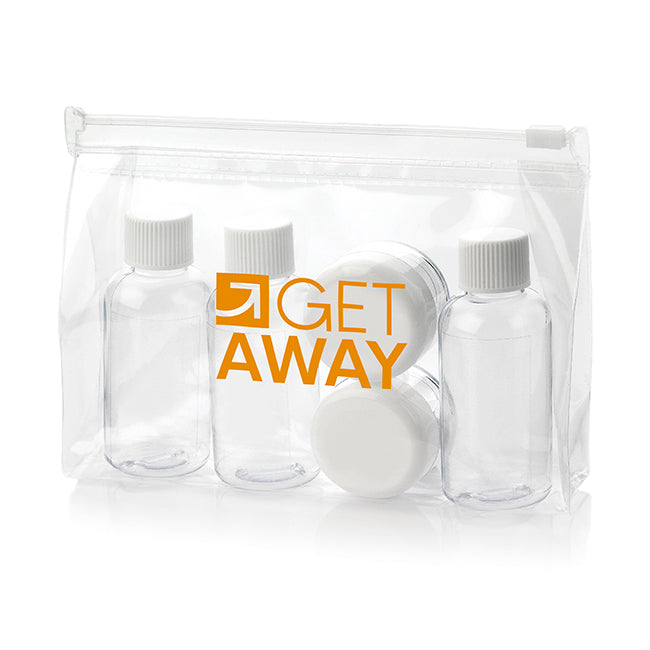 6 Piece Airline Travel Pack, White Caps branded travel essential in clear printed with your company logo