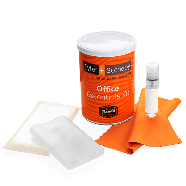 Office Essentials Handy Can Kit branded personal care item in silver printed with your company logo