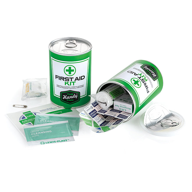 Handy Can First Aid Kit branded personal care item in silver printed with your company logo