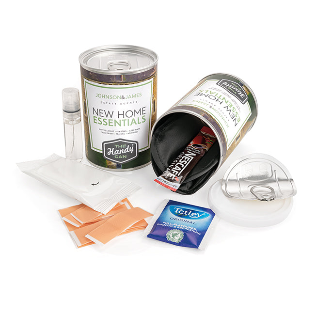 New Home Essentials Handy Can Kit branded personal care item in silver printed with your company logo