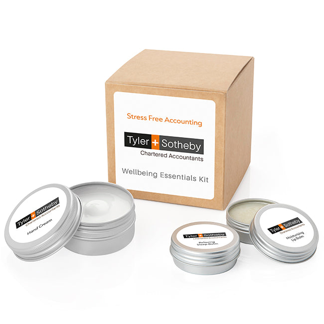 Wellbeing Essentials Kit in a Box branded personal care item in brown/silver printed with your company logo
