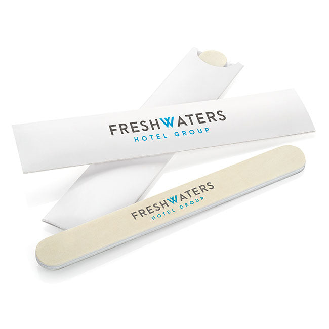 White Foam Backed Emery Board/Nail File in a Printed Sleeve (18cm) branded beauty item in white printed with your company