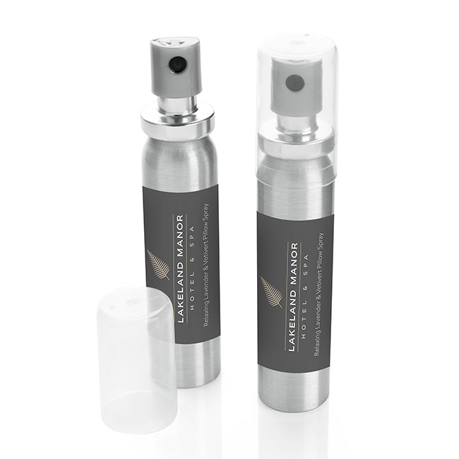 Relaxing Lavender & Vetivert Pillow Spray (20ml) branded wellbeing gift in silver printed with your company logo