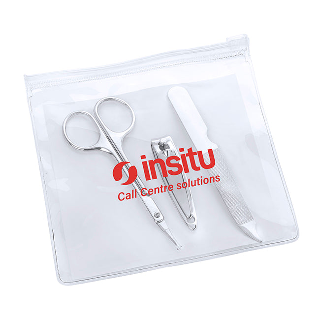 3 Piece Silver Coloured Nail Care Manicure Set branded beauty item in silver printed with your company logo