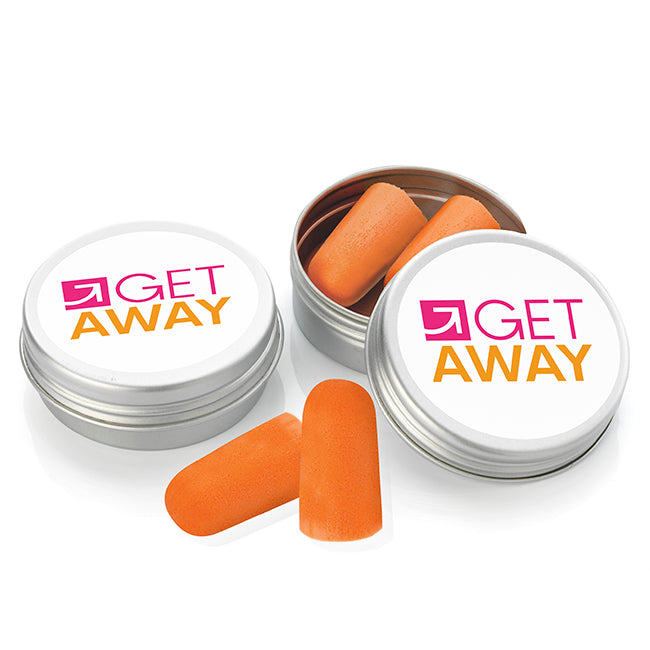 Pair of Orange Ear Plugs in a Tin branded travel essential in orange/silver printed with your company logo
