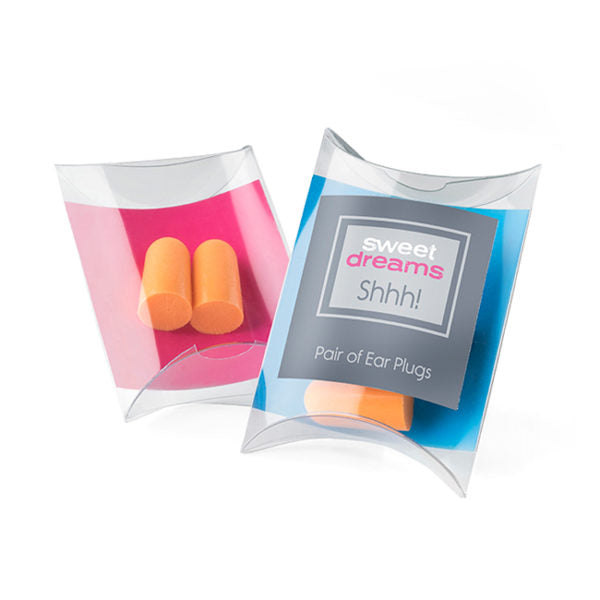 Pair of Orange Ear Plugs in a Pillow Pack branded wellbeing gift in clear/orange printed with your company logo