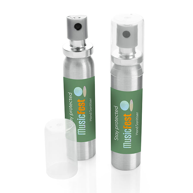 Pocket Sized Hand Sanitiser Spray (20ml) branded hygiene essential in silver printed with your company logo