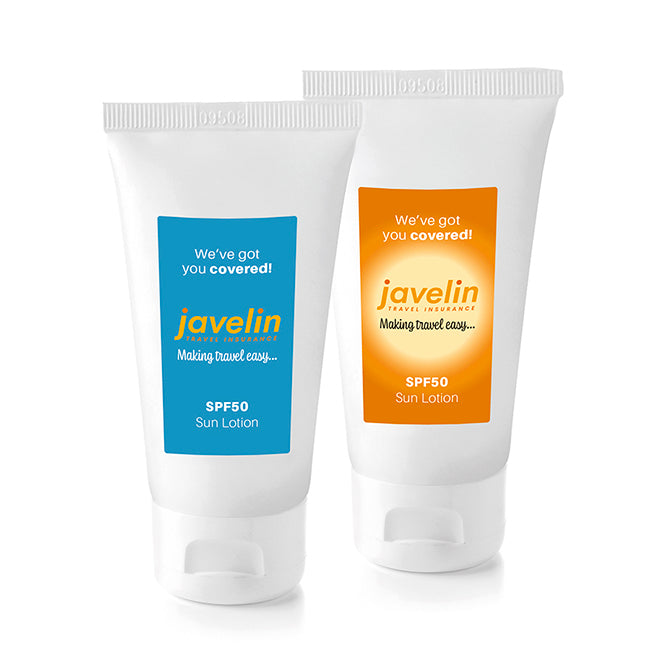 SPF50 Sun Lotion in a Tube (50ml) branded personal care item in white printed with your company logo