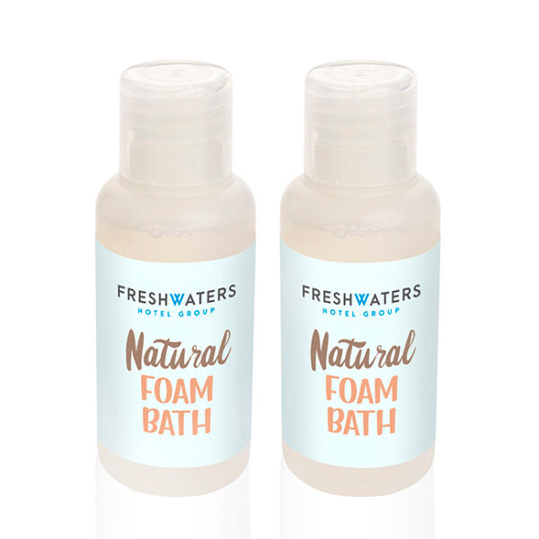 Relaxing Natural Foam Bath in a Part PCR Bottle, 50ml branded wellbeing gift in opaque printed with your company logo