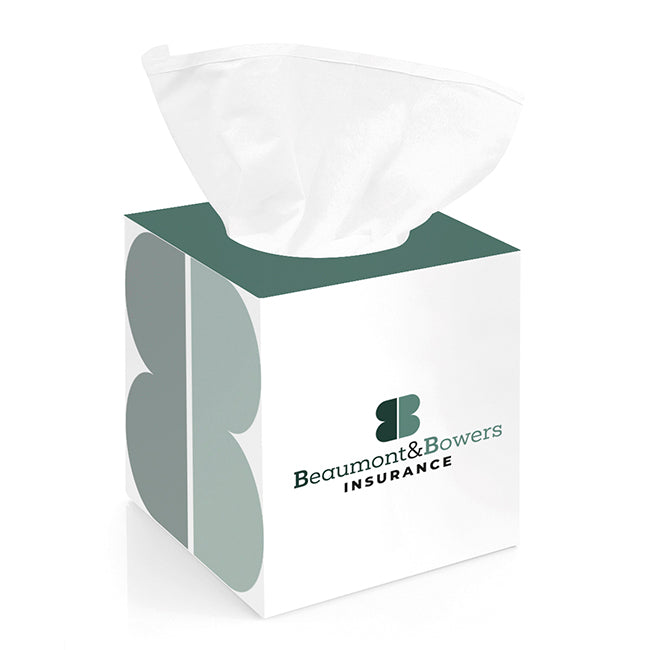 Box of 100 2-Ply White Tissues branded desk accessory in white printed with your company logo