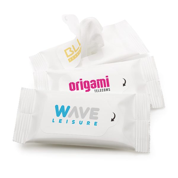 5 Screen Wipes in a Pocket Size Resealable Pack branded desk accessory in white printed with your company logo