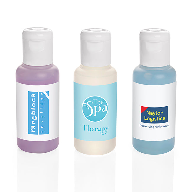 Hand Sanitiser Gel in a PCR Bottle with Flip Cap, 50ml branded hygiene essential in blue, clear, purple printed with your