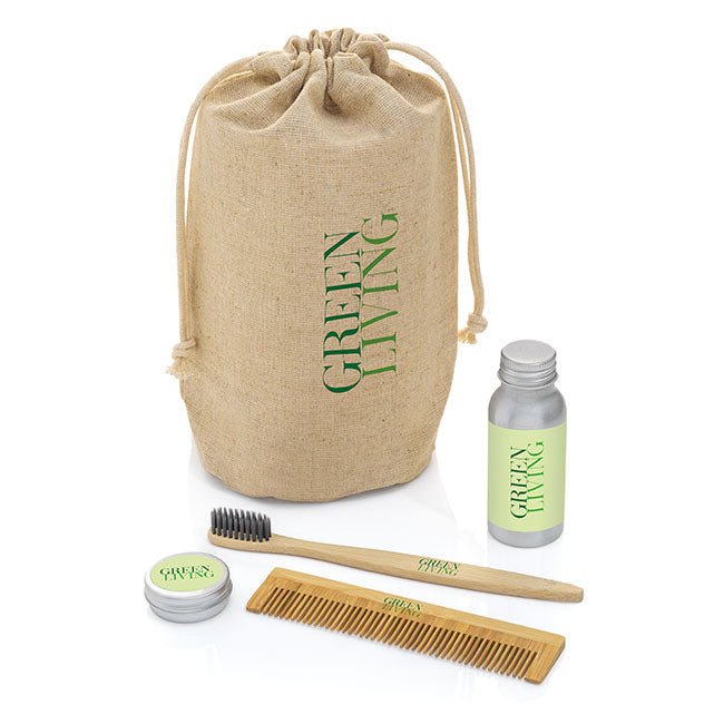 Gift Set in a Hemp Bag branded personal care item in beige/silver printed with your company logo