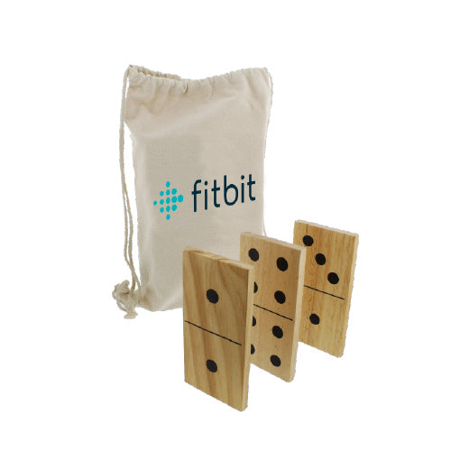 Giant wooden dominoes with a branded cloth carry bag