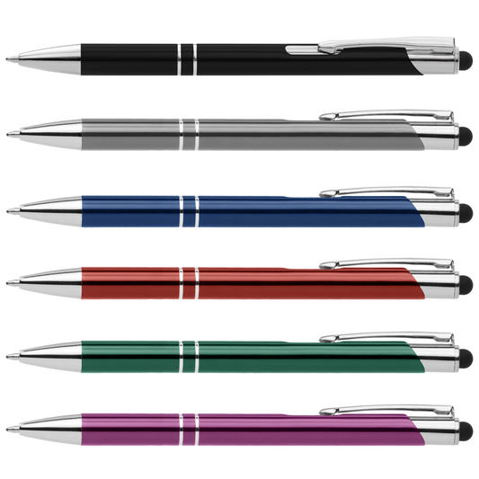 Crosby Shiny Pen with Top Stylus promotional pen in assorted colours laser engraved with your company logo
