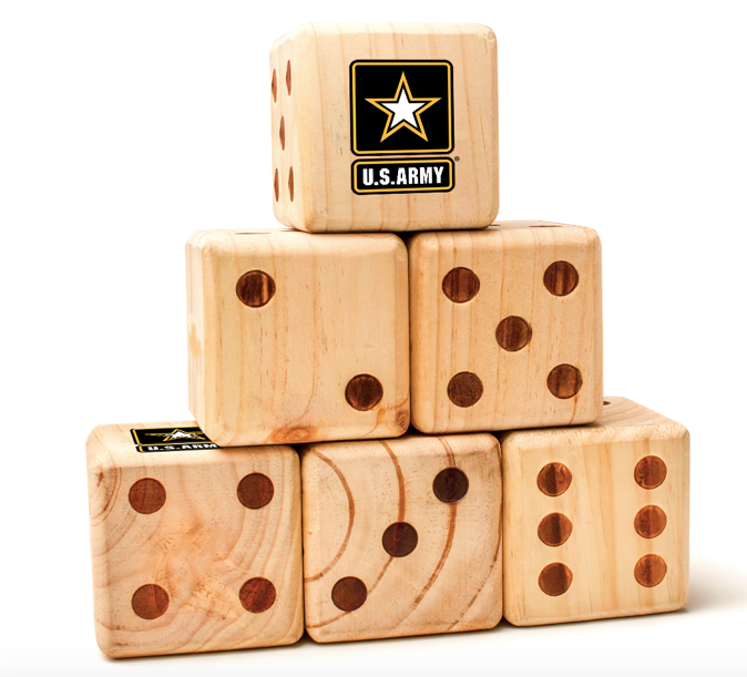 Stack of giant wooden lawn dice printed with a star logo