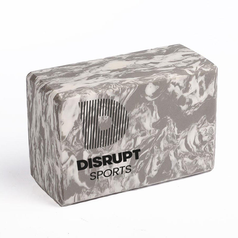 Grey marbled cork yoga block printed with a logo