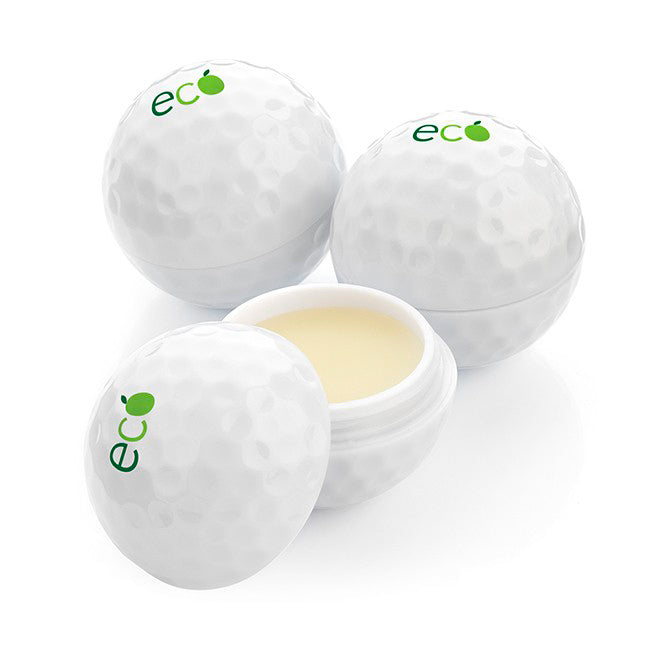 Golf Ball Shaped Lip Balm branded beauty item in white printed with your company logo