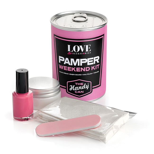 Pamper Weekend Handy Can Kit branded personal care item in silver printed with your company logo