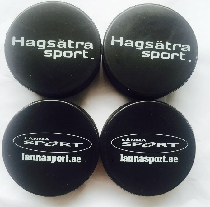 Black PU promotional ice hockey pucks with printed logo decals