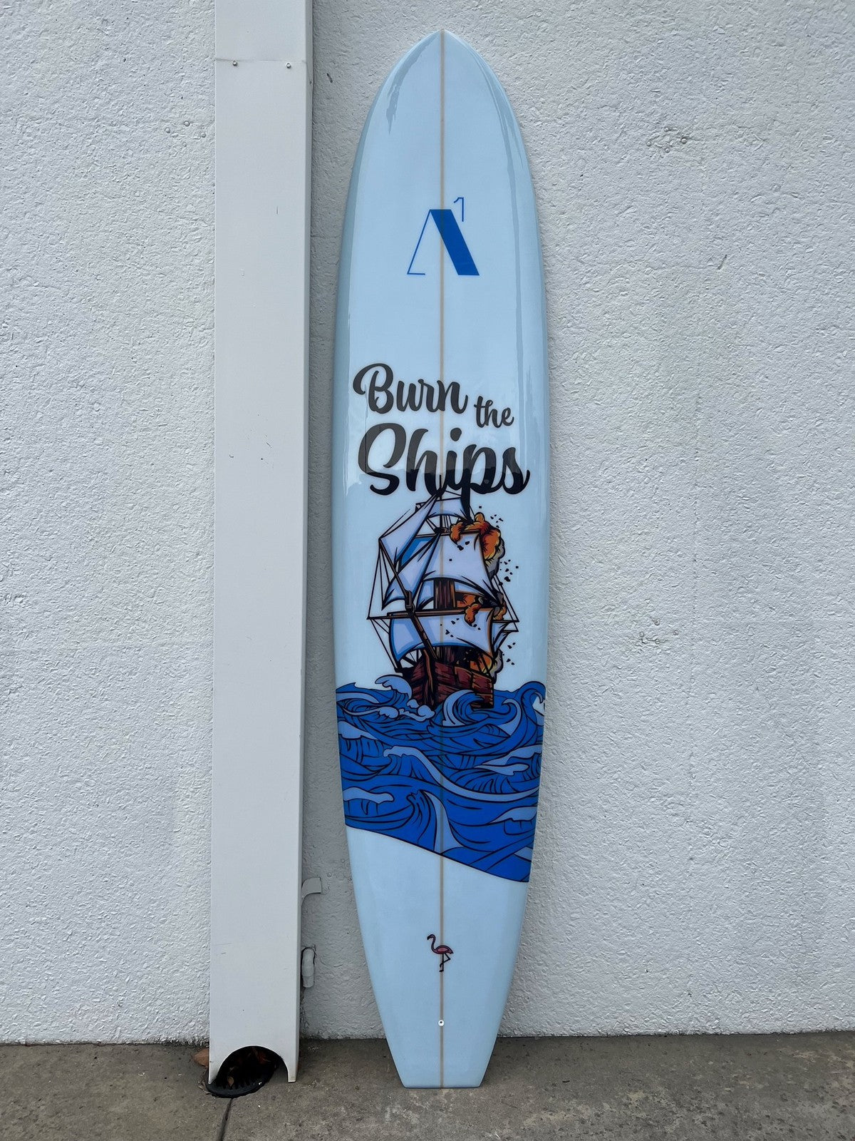 Handmade longboard surfboard with a full-colour illustrated print
