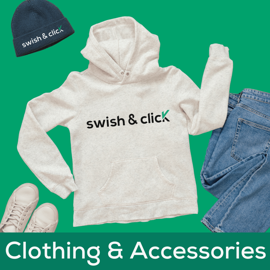 Branded hoodie, beanie, shoes, and jeans. Button for custom clothing and promotional accessories category