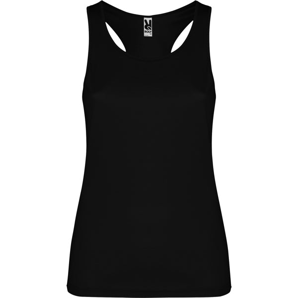 Roly Shura women's tank top in black, ready for logo printing or embroidery