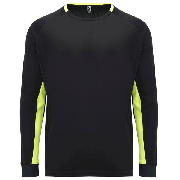 Roly Porto men's long-sleeve T-shirt in black/fluor yellow, ready for logo printing or embroidery