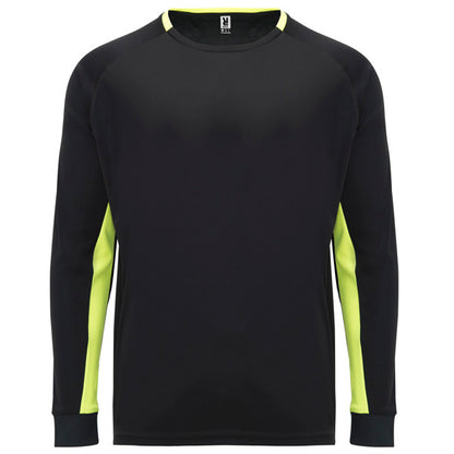 Roly Porto men's long-sleeve T-shirt in black/fluor yellow, ready for logo printing or embroidery
