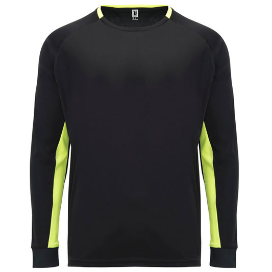Roly Porto men's long-sleeve T-shirt in black/fluor yellow, ready for logo printing or embroidery