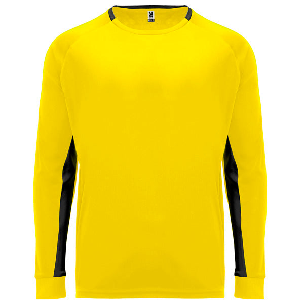 Roly Porto men's long-sleeve T-shirt in yellow/black, ready for logo printing or embroidery