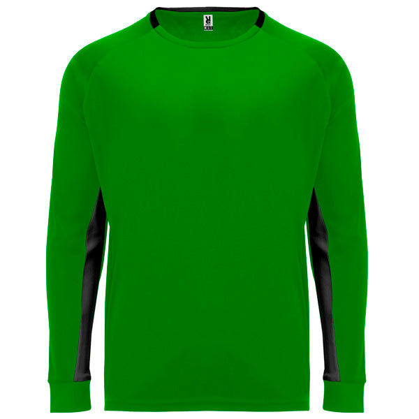 Roly Porto men's long-sleeve T-shirt in fern green/black, ready for logo printing or embroidery