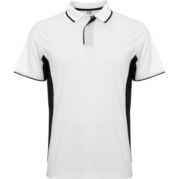 Roly Montmelo men's polo shirt in white/black, ready for logo printing or embroidery