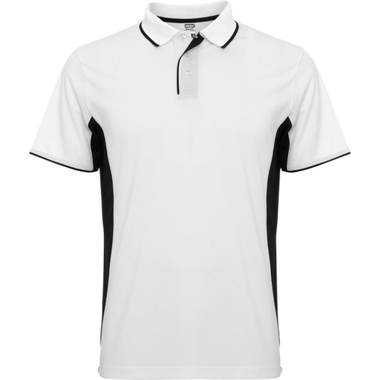 Roly Montmelo men's polo shirt in white/black, ready for logo printing or embroidery