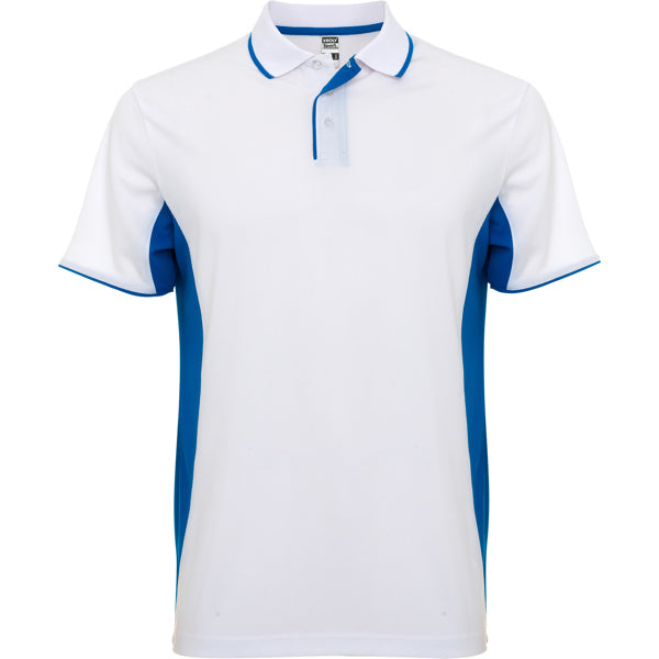 Roly Montmelo men's polo shirt in white/royal blue, ready for logo printing or embroidery