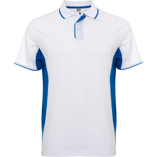 Roly Montmelo men's polo shirt in white/royal blue, ready for logo printing or embroidery
