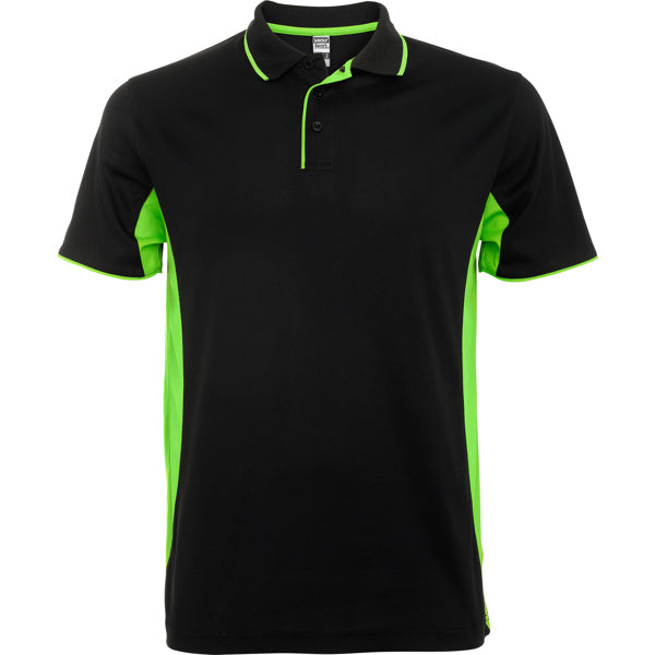 Roly Montmelo men's polo shirt in black/lime, ready for logo printing or embroidery