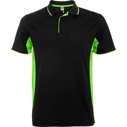 Roly Montmelo men's polo shirt in black/lime, ready for logo printing or embroidery