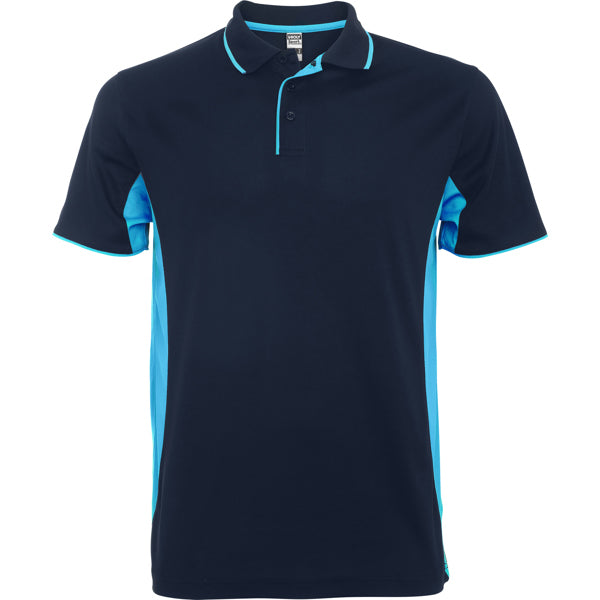 Roly Montmelo men's polo shirt in navy blue/sky blue, ready for logo printing or embroidery