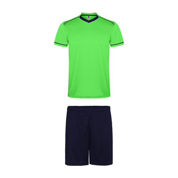 Roly United men's sports set in fluor green/navy blue, ready for logo printing or embroidery