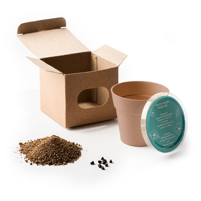 Stamina Volen flowerpot with petunia seeds in beige, ready for logo printing