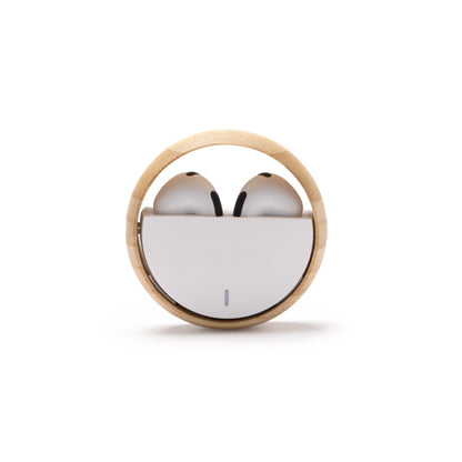 Stamina Auron recycled ABS and bamboo earbuds in white, ready for logo printing
