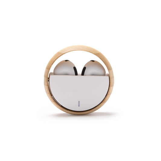 Stamina Auron recycled ABS and bamboo earbuds in white, ready for logo printing