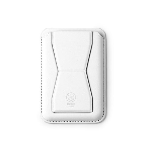 Stamina Sekun recycled PU phone stand in white, ready for logo printing