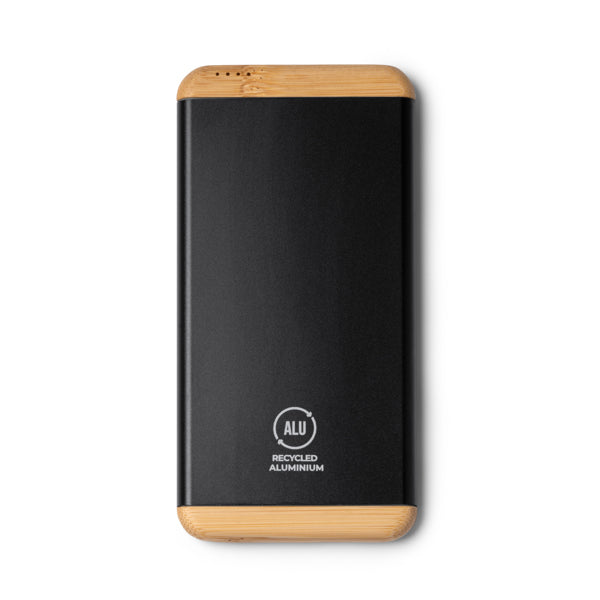 Stamina Guler recycled aluminium and bamboo power bank in black, ready for logo printing