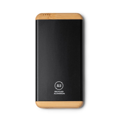 Stamina Guler recycled aluminium and bamboo power bank in black, ready for logo printing